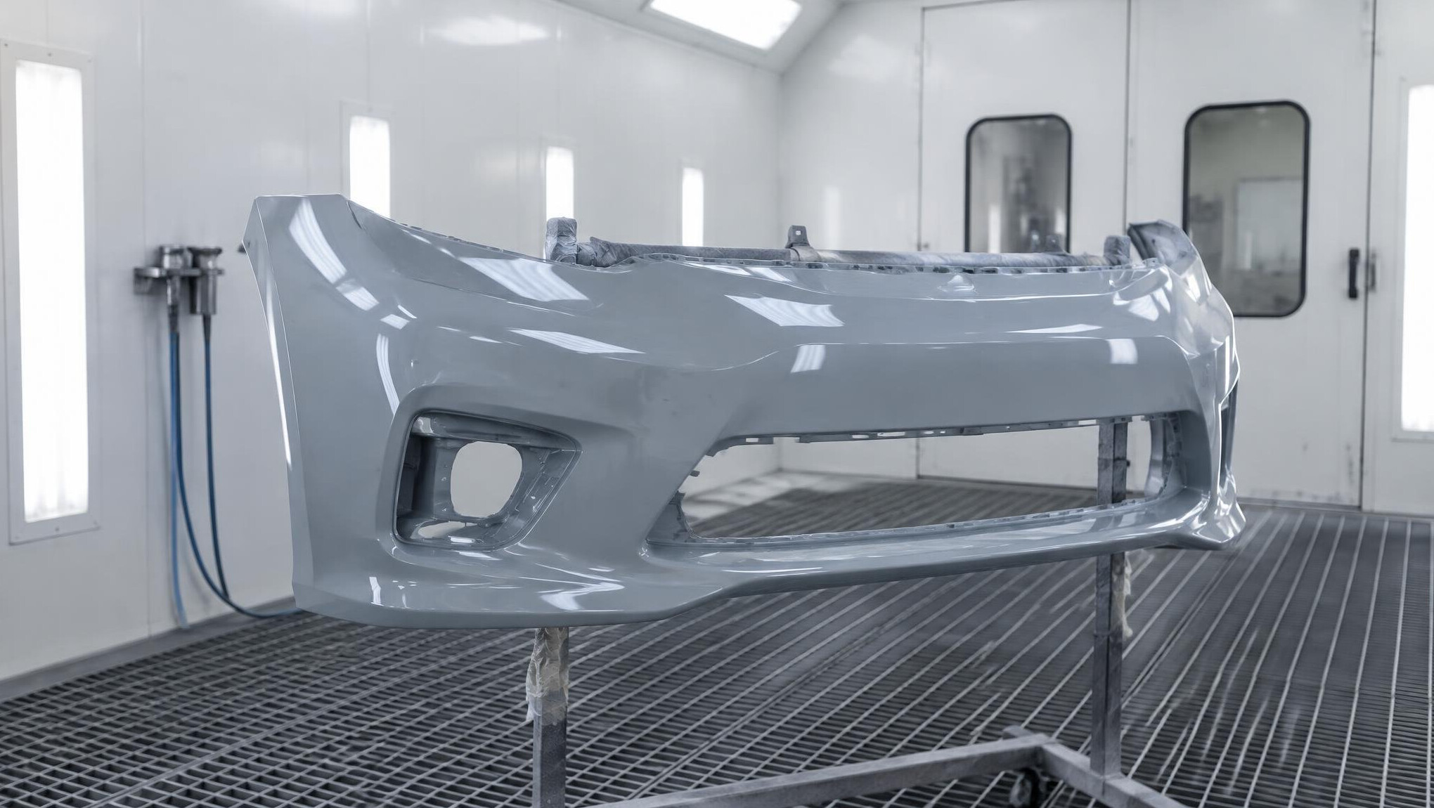 Freshly painted car bumper in a spray booth